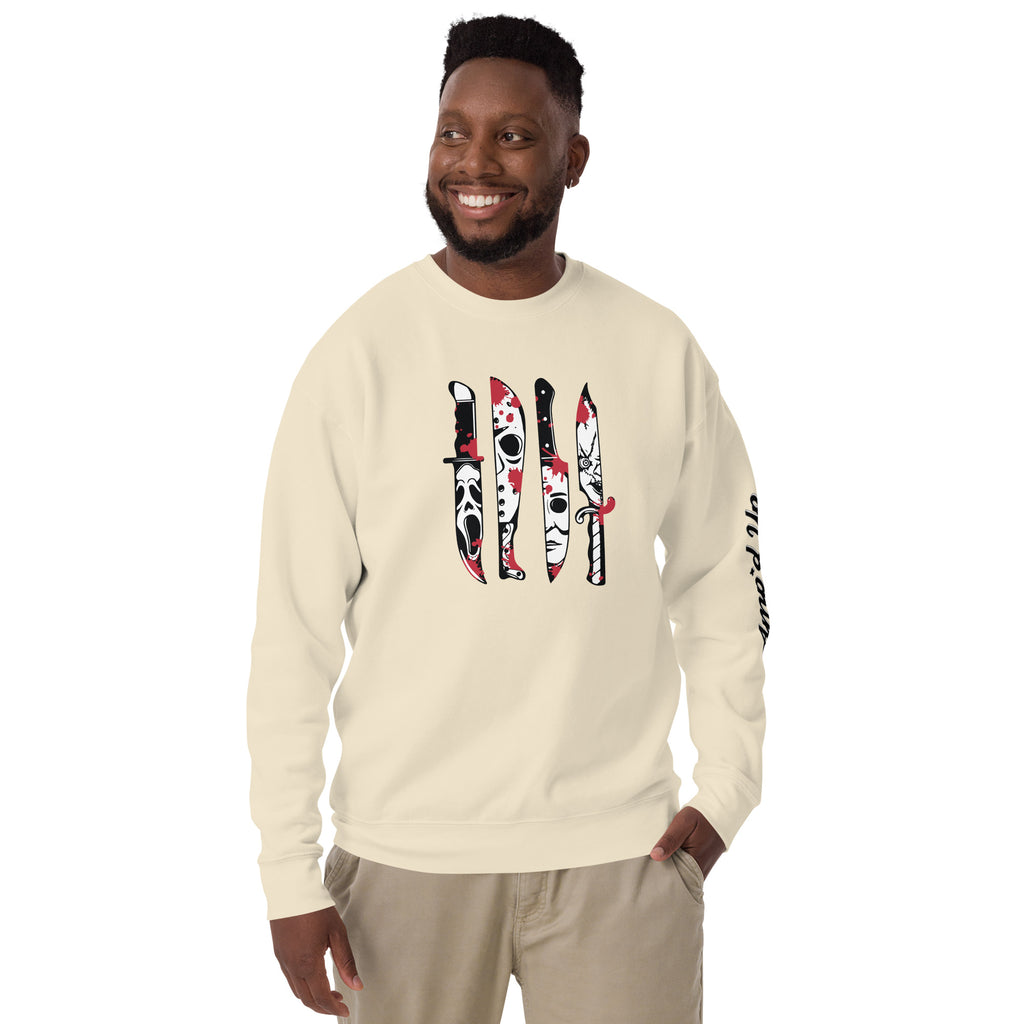 Horror Movie Classic Knives Sweatshirt by Amp'd Up Custom with graphic knife designs on front