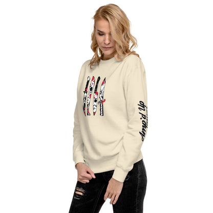 Woman wearing Amp'd Up Custom Horror Movie Classic Knives Sweatshirt in beige with knife graphic and sleeve logo