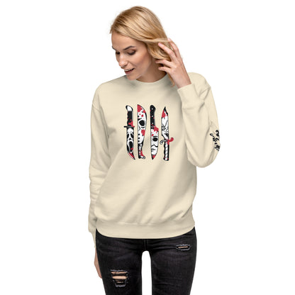 Woman wearing Amp'd Up Custom beige Horror Movie Classic Knives Sweatshirt with knife graphic design