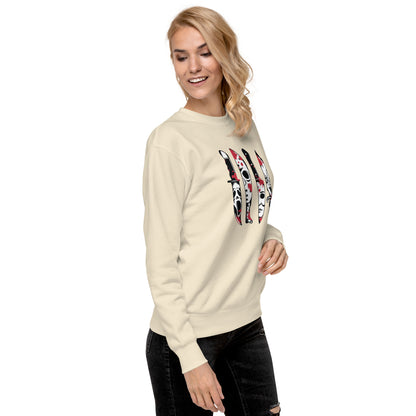 Woman wearing Amp'd Up Custom Horror Movie Classic Knives Sweatshirt in beige with knife graphic design