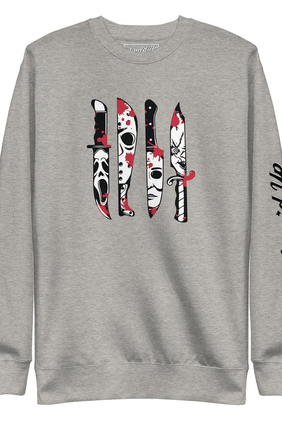 Gray Horror Movie Classic Knives Sweatshirt by Amp'd Up Custom with knife graphic and sleeve logo
