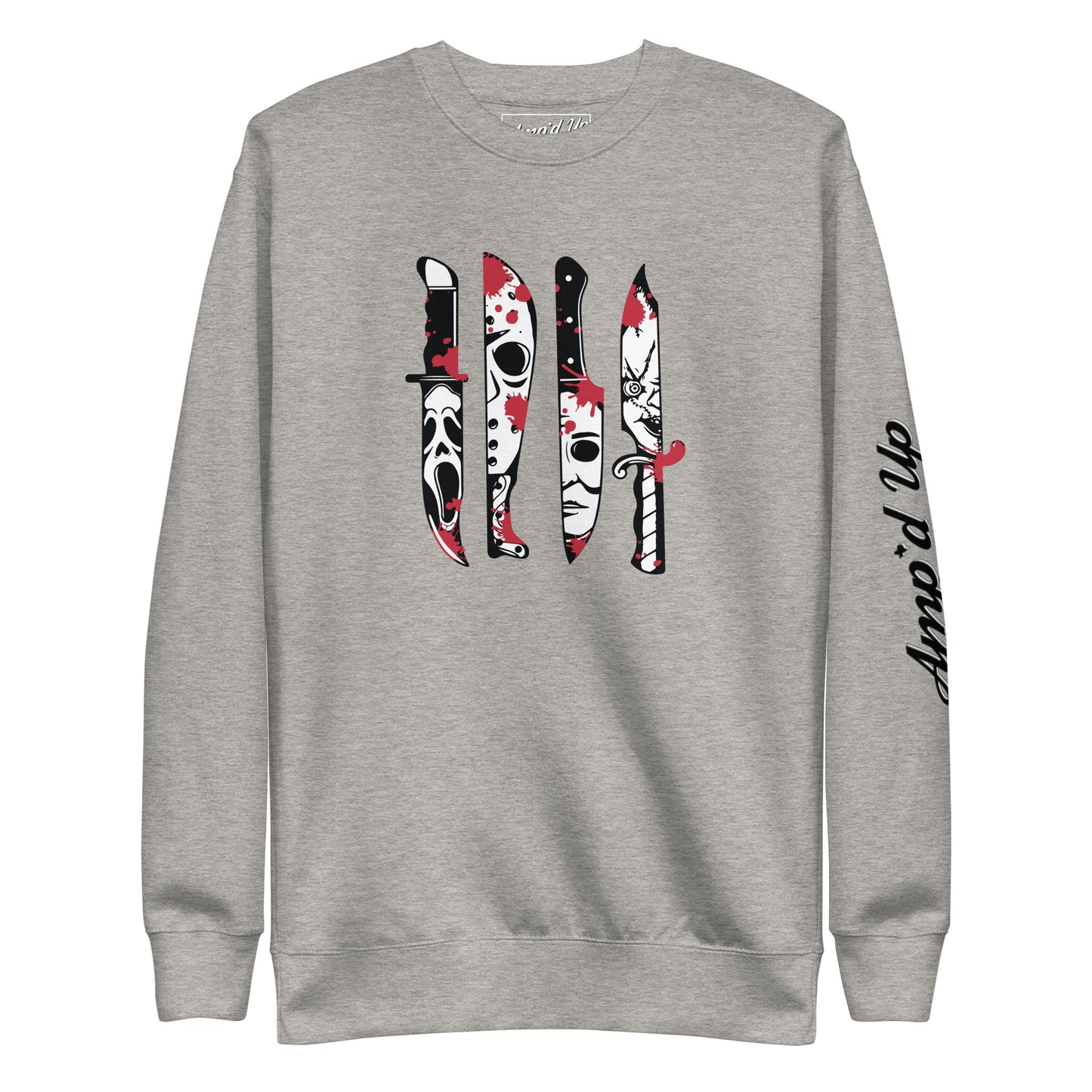 Gray Horror Movie Classic Knives Sweatshirt by Amp'd Up Custom with knife graphic and sleeve logo