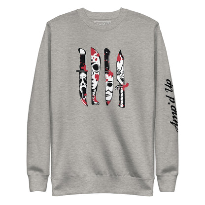 Gray Horror Movie Classic Knives Sweatshirt by Amp'd Up Custom with knife graphic and sleeve logo