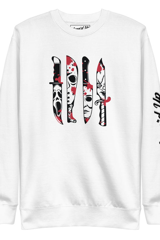 Amp'd Up Custom white Horror Movie Classic Knives Sweatshirt with iconic horror knife designs front
