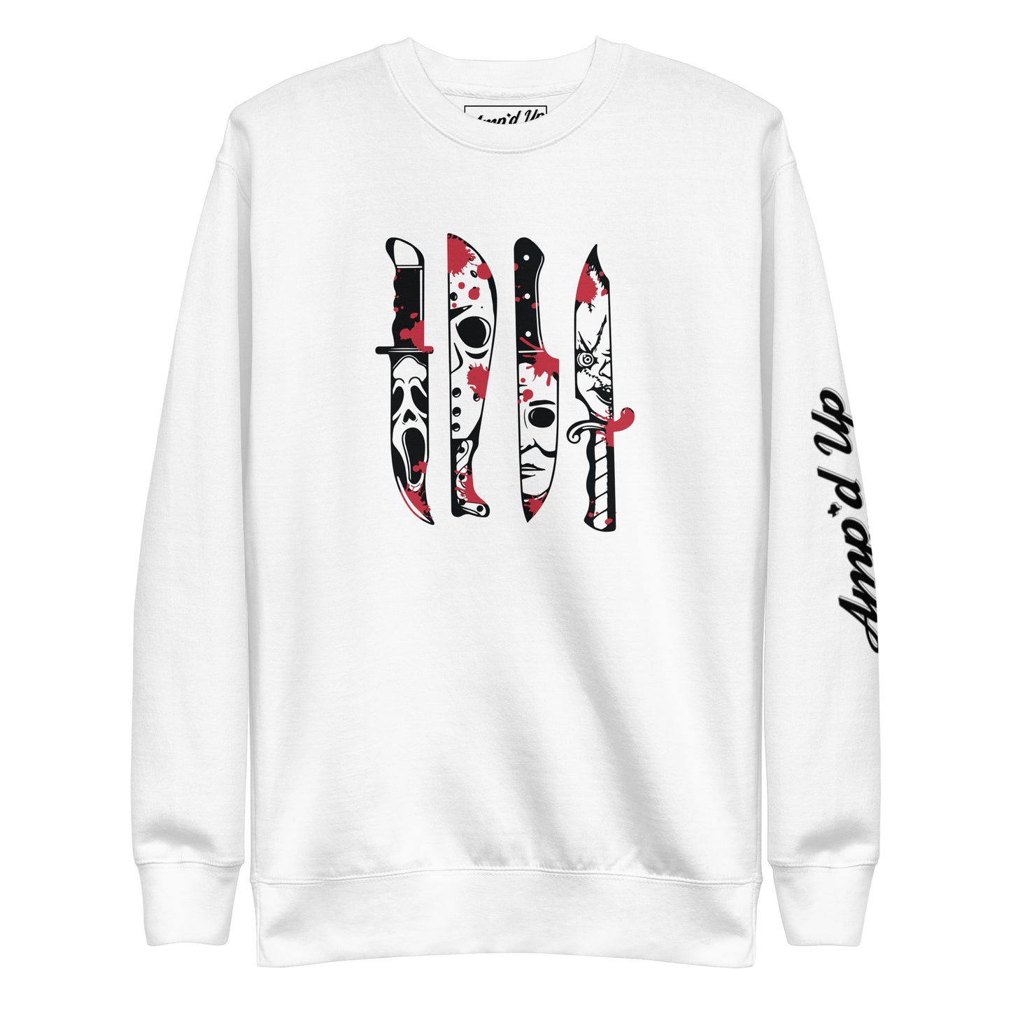 Amp'd Up Custom white Horror Movie Classic Knives Sweatshirt with iconic horror knife designs front