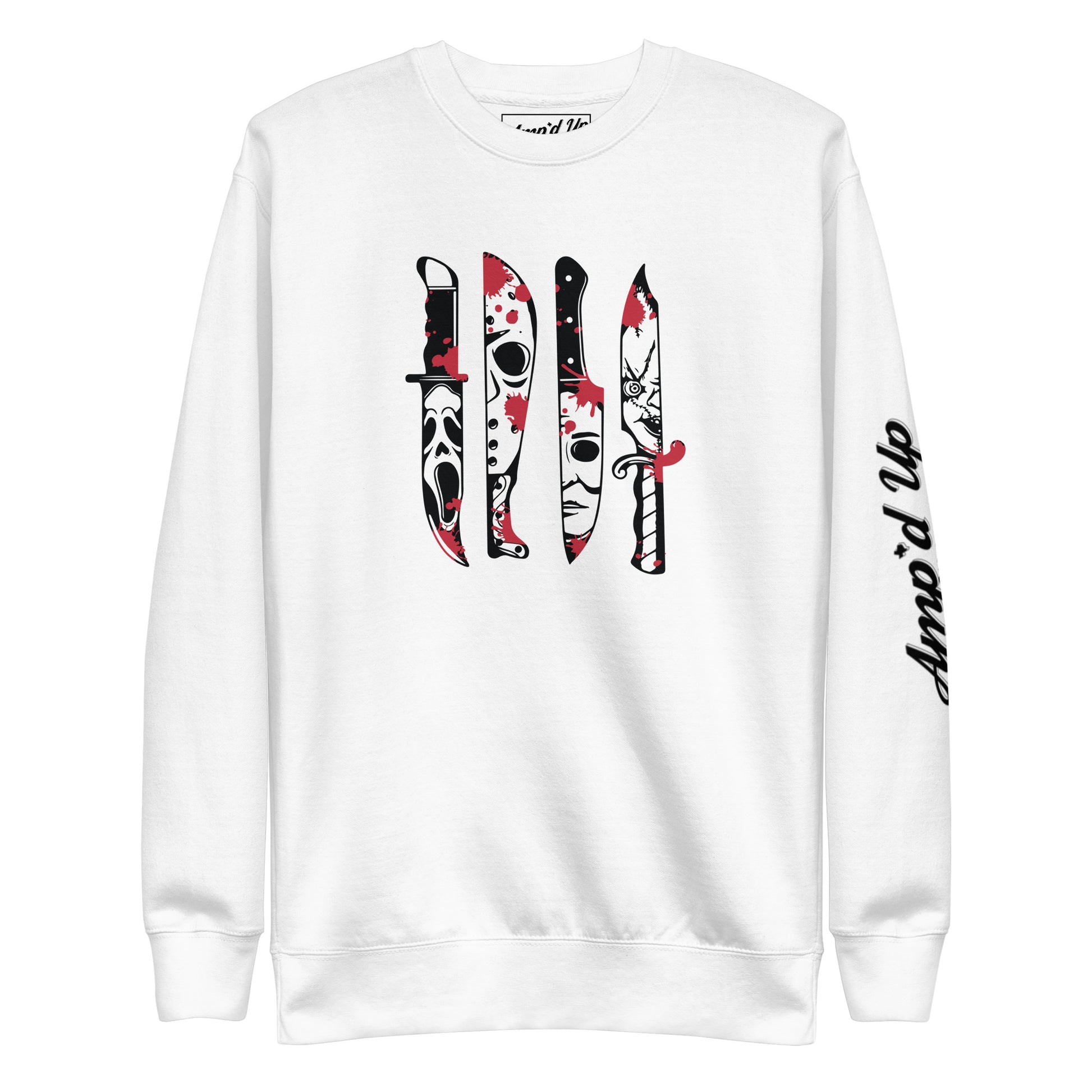 Amp'd Up Custom white Horror Movie Classic Knives Sweatshirt with iconic horror knife designs front