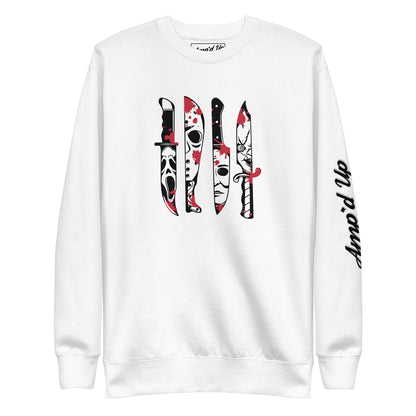 Amp'd Up Custom white Horror Movie Classic Knives Sweatshirt with iconic horror knife designs front