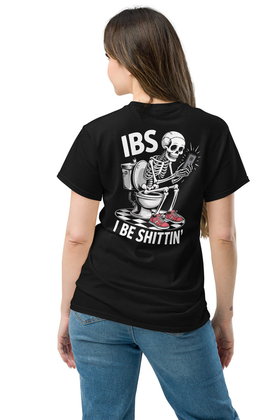 Black Amp'd Up Custom I Be Shittin T-Shirt Graphic on Back with Skeleton on Toilet Design