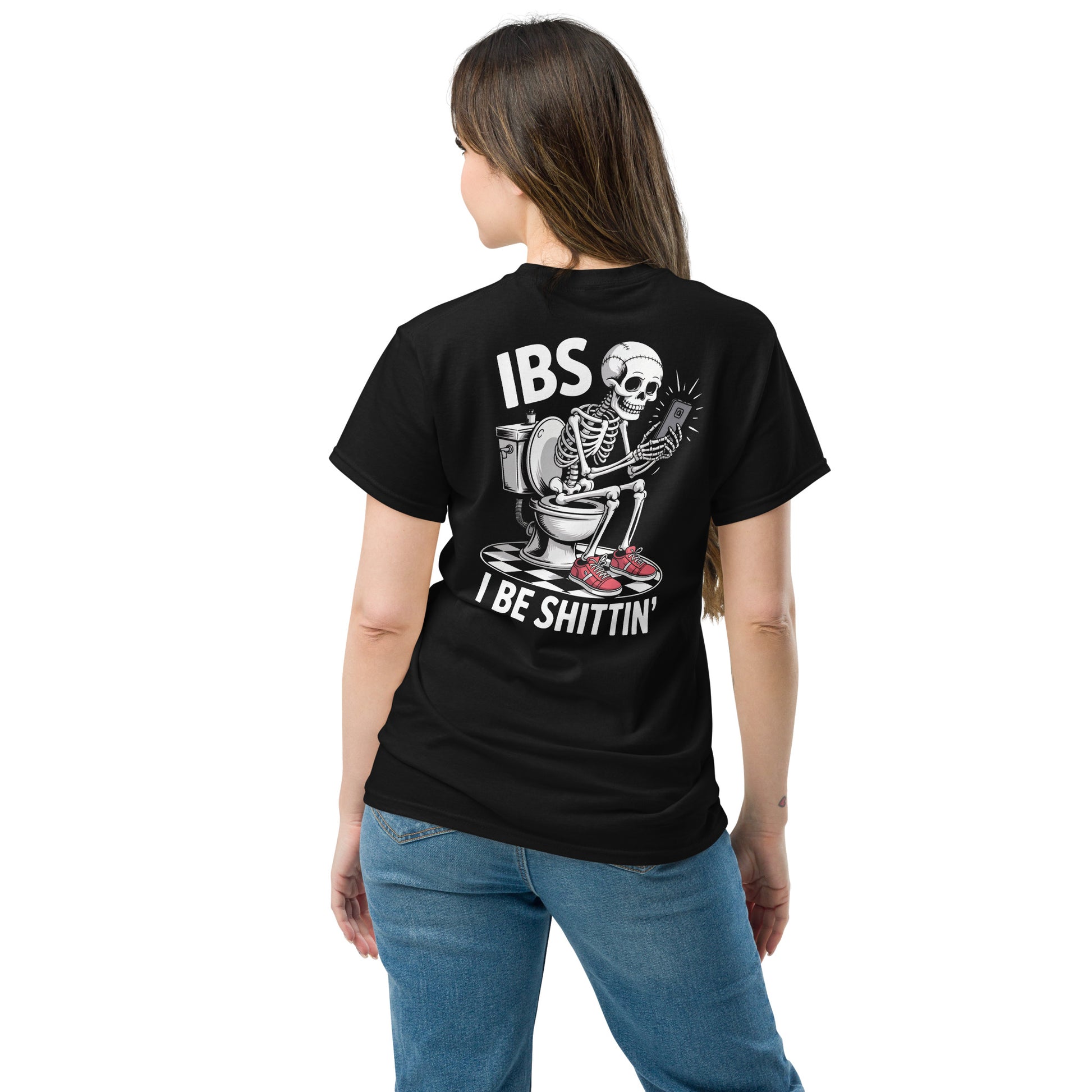 Black Amp'd Up Custom I Be Shittin T-Shirt Graphic on Back with Skeleton on Toilet Design