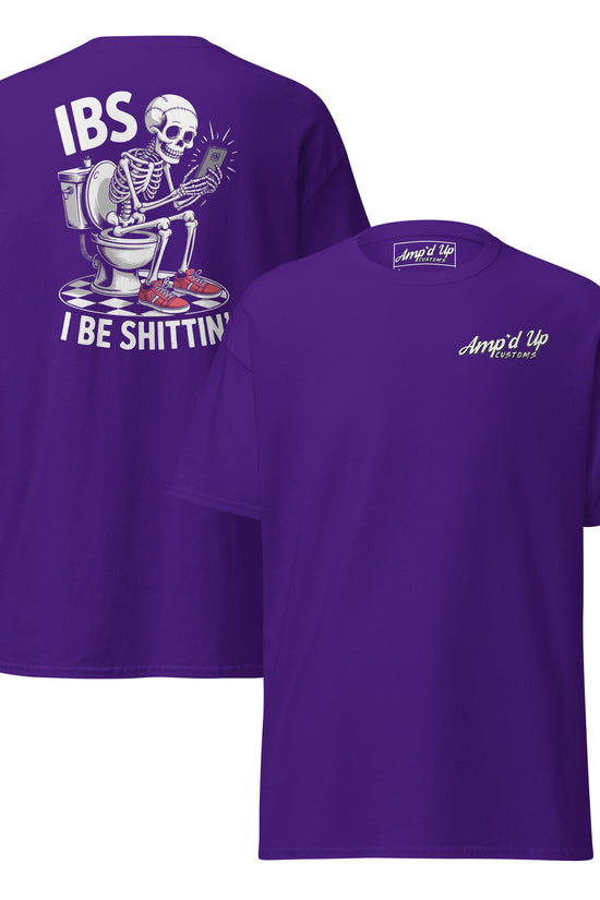 Purple Amp'd Up Custom I Be Shittin T-Shirt Graphic on Back featuring a skeleton on a toilet