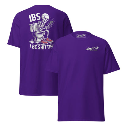 Purple Amp'd Up Custom I Be Shittin T-Shirt Graphic on Back featuring a skeleton on a toilet