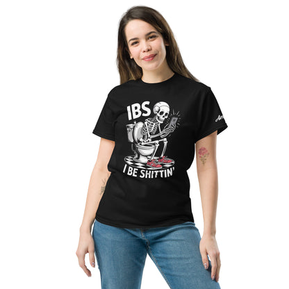 I Be Shittin T-Shirt featuring a skeleton in a humorous design on a black background
