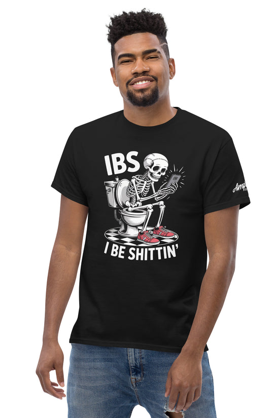 Amp'd Up Custom I Be Shittin T-Shirt in black featuring a skeleton on a toilet