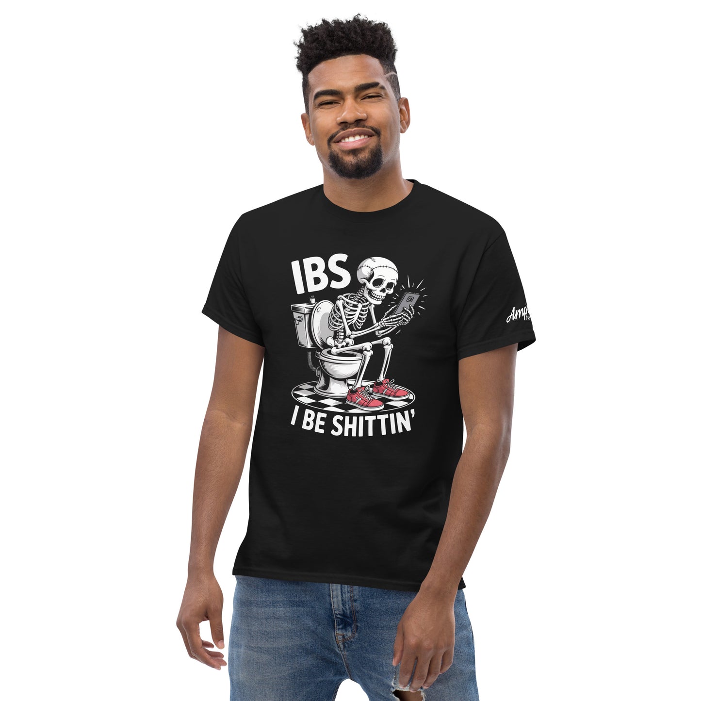 Amp'd Up Custom I Be Shittin T-Shirt in black featuring a skeleton on a toilet