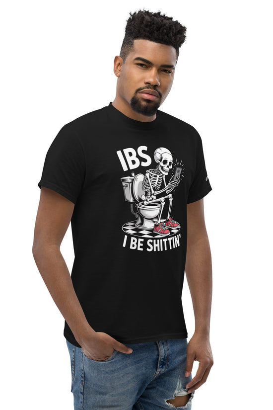 Black I Be Shittin T-Shirt featuring a skeleton on a toilet with humorous design by Amp'd Up Custom