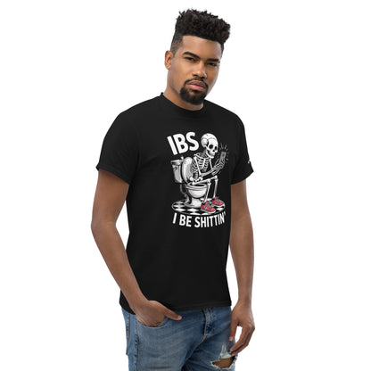 Black I Be Shittin T-Shirt featuring a skeleton on a toilet with humorous design by Amp'd Up Custom