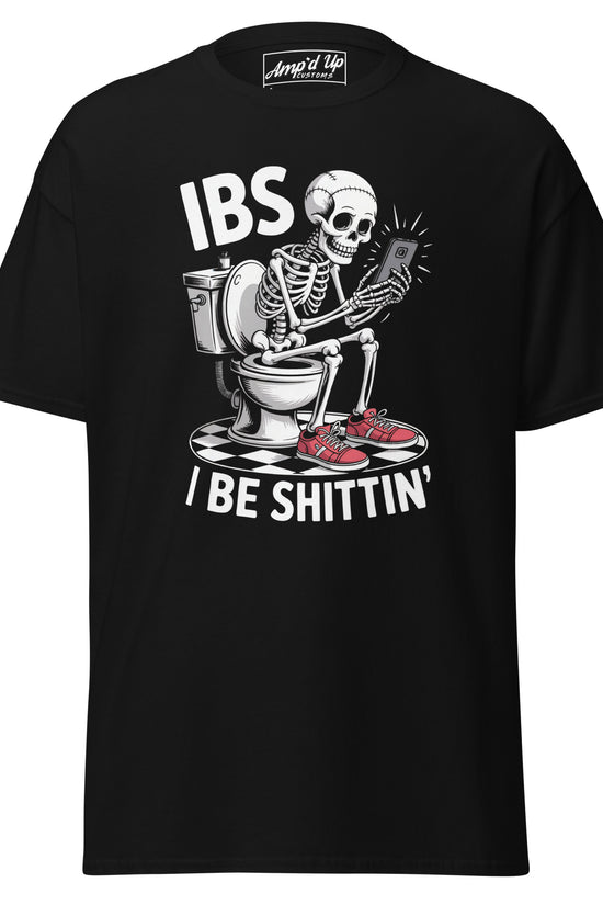Black I Be Shittin T-Shirt featuring a skeleton on a toilet with a smartphone design