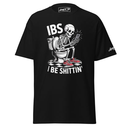 Black I Be Shittin T-Shirt featuring a skeleton on a toilet with a smartphone design