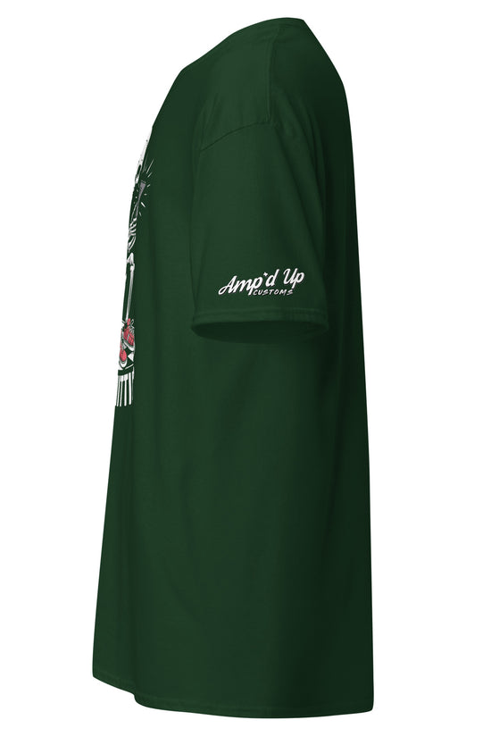 Side view of Amp'd Up Custom I Be Shittin T-Shirt in dark green for casual wear