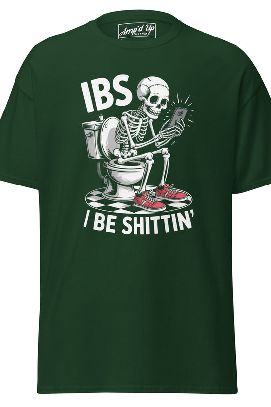 Green I Be Shittin T-Shirt featuring a skeleton on a toilet with a phone for humor.