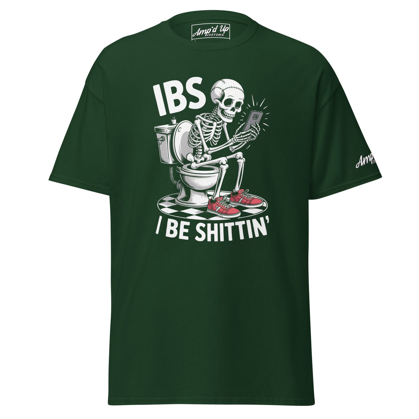 Green I Be Shittin T-Shirt featuring a skeleton on a toilet with a phone for humor.