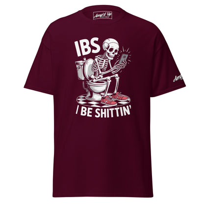 Maroon I Be Shittin T-Shirt featuring a skeleton sitting on a toilet with a phone