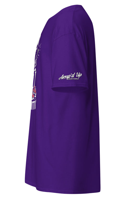 Side view of Amp'd Up Custom I Be Shittin T-Shirt in purple with unique graphic design