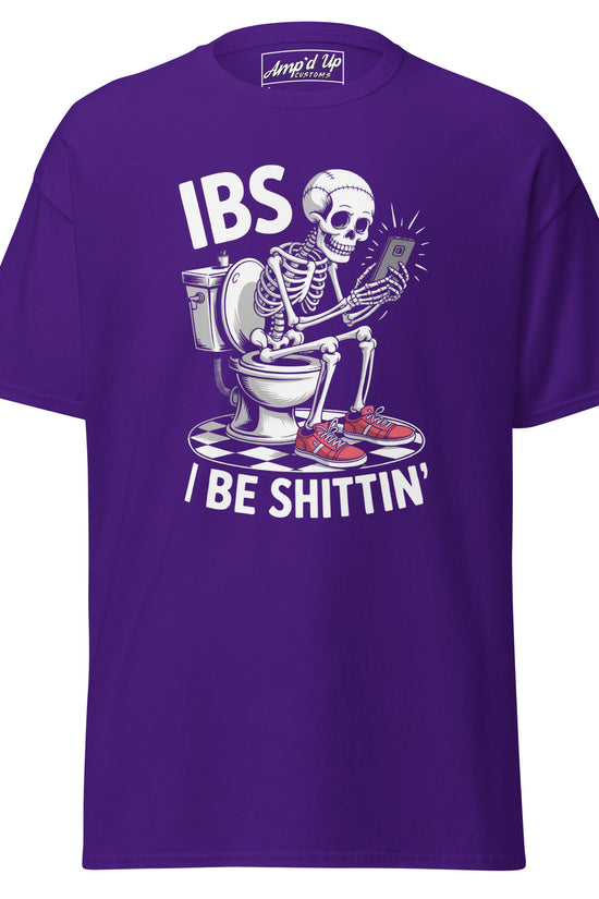 Amp'd Up Custom I Be Shittin T-Shirt featuring a skeleton on a toilet using a phone in vibrant purple