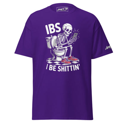 Amp'd Up Custom I Be Shittin T-Shirt featuring a skeleton on a toilet using a phone in vibrant purple