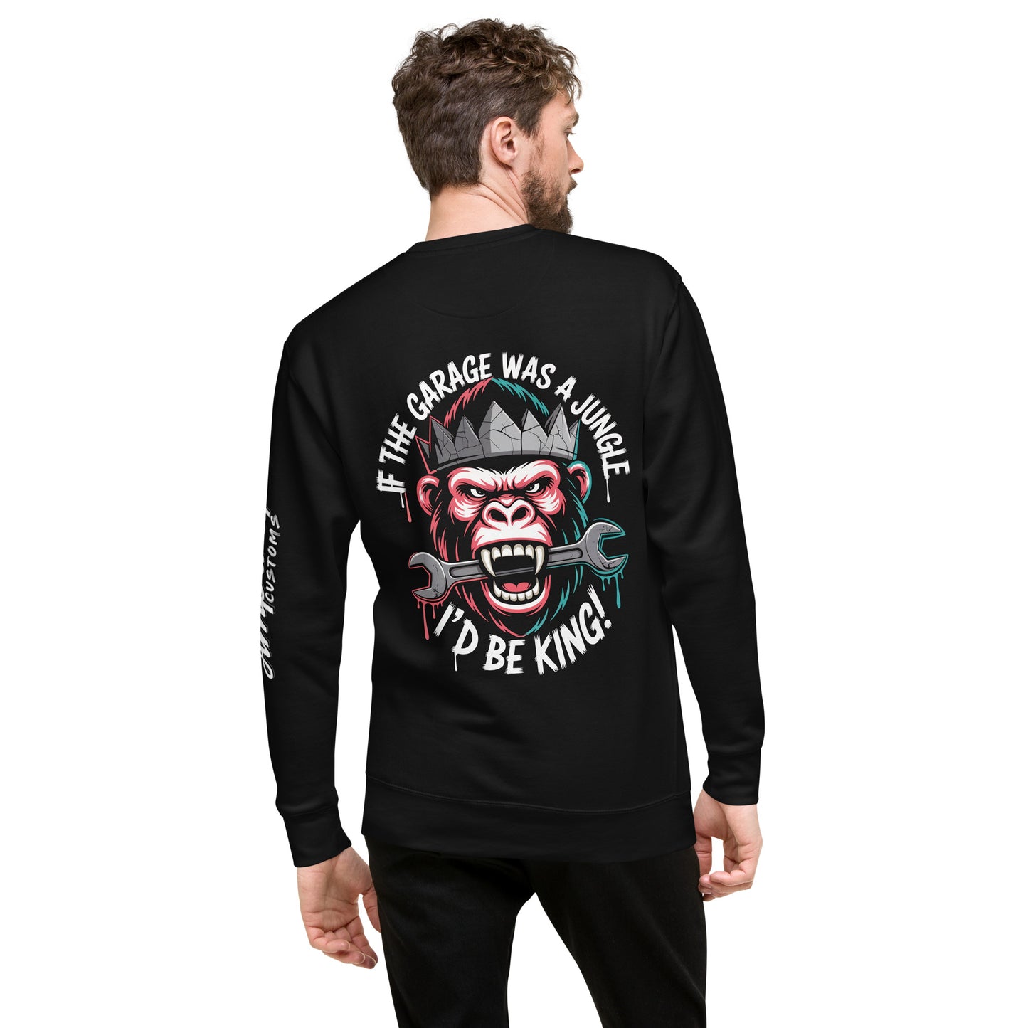 King of the Garage Sweatshirt with a bold monkey illustration and colorful text on the back