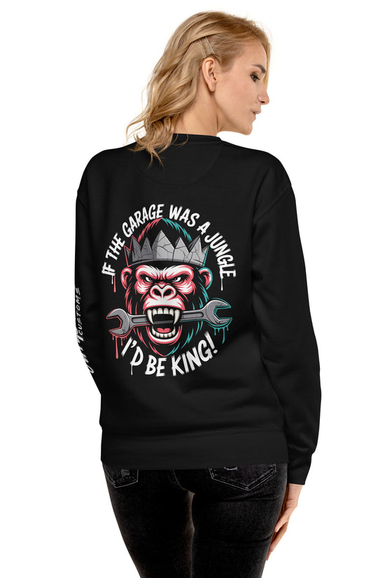 Back illustration of the King of the Garage Sweatshirt featuring a gorilla and a wrench design
