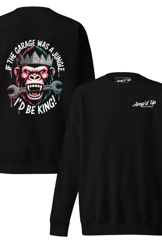 Black King of the Garage Sweatshirt featuring a colorful back illustration of a king monkey with tools