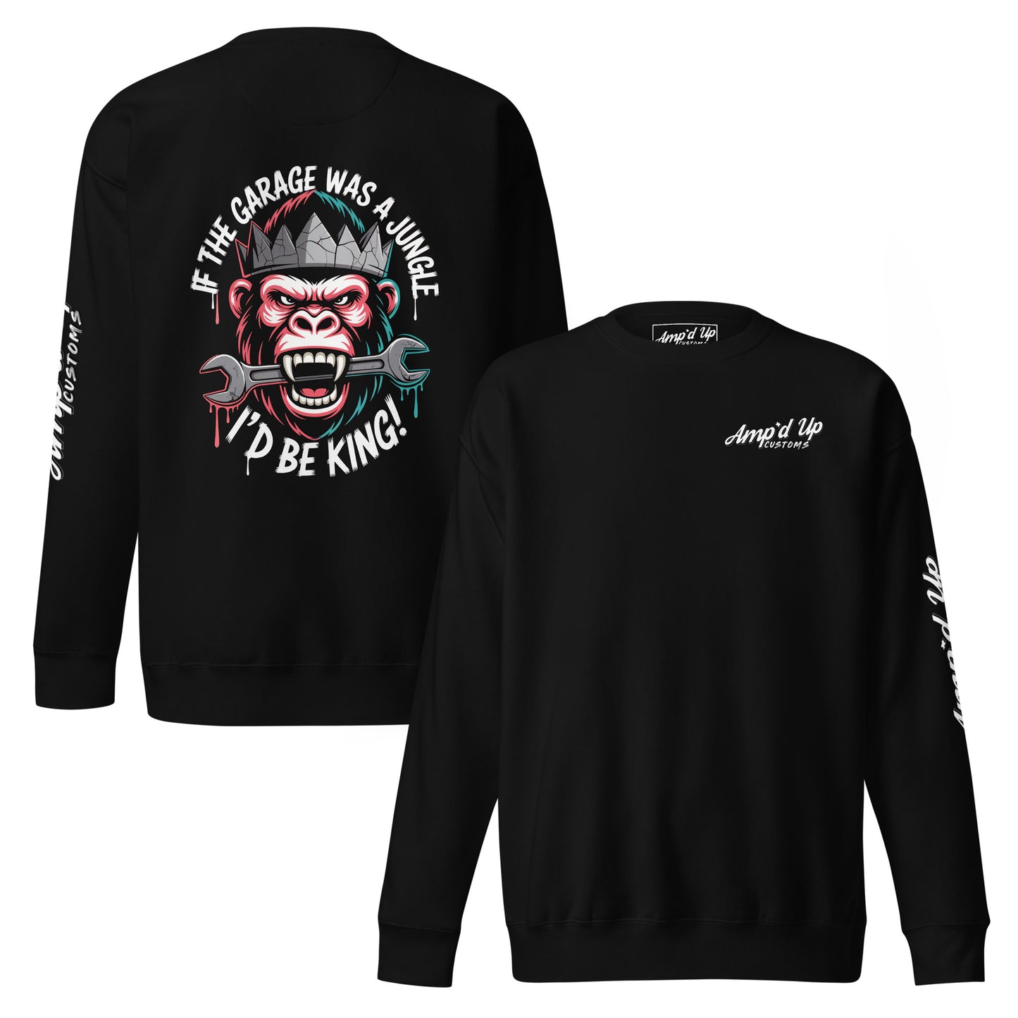 Black King of the Garage Sweatshirt featuring a colorful back illustration of a king monkey with tools