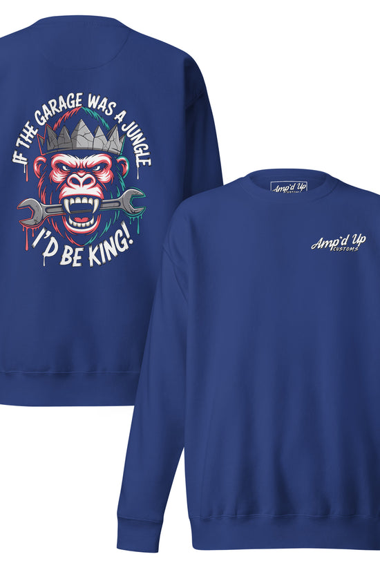 King of the Garage Sweatshirt featuring a colorful back illustration of a gorilla with tools