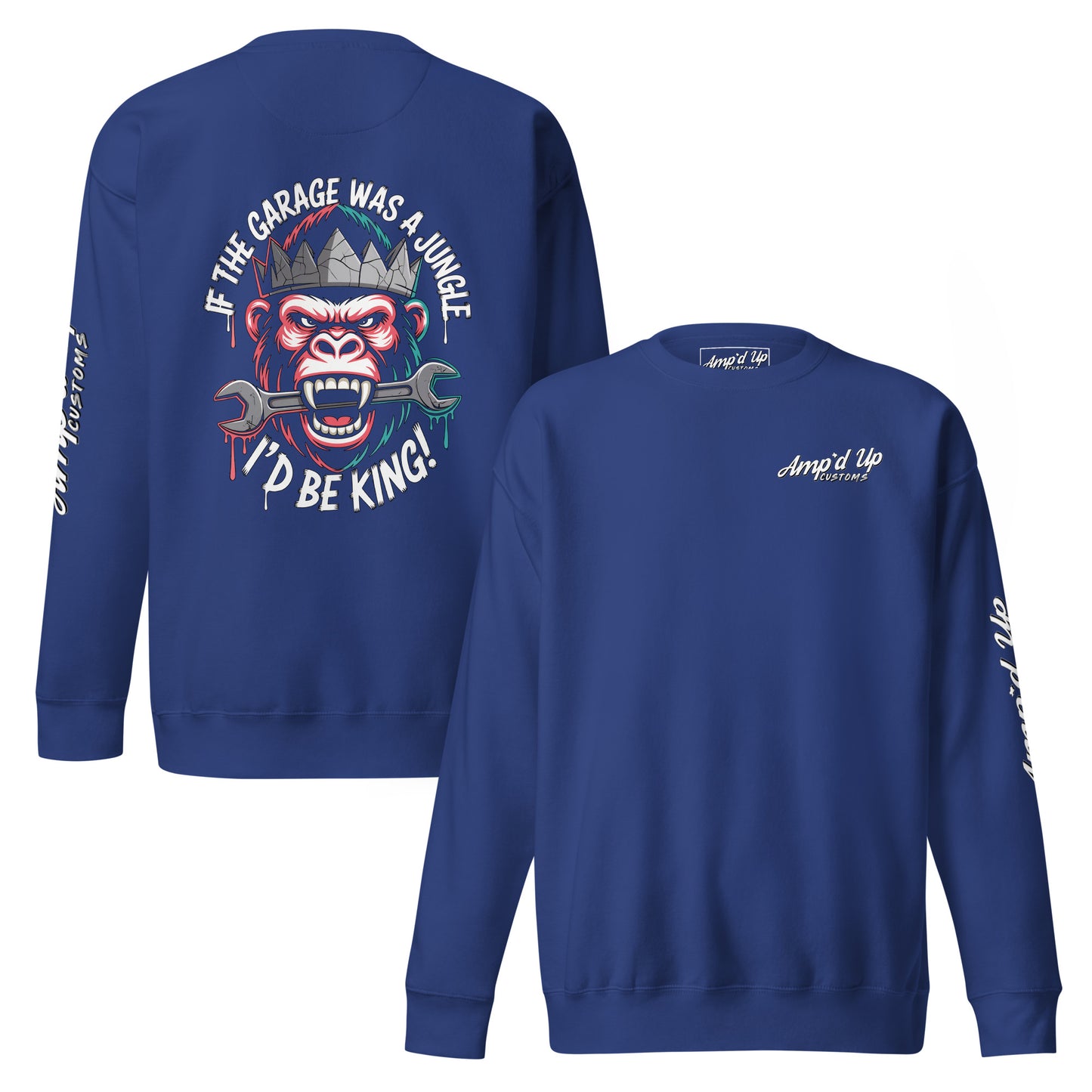 King of the Garage Sweatshirt featuring a colorful back illustration of a gorilla with tools