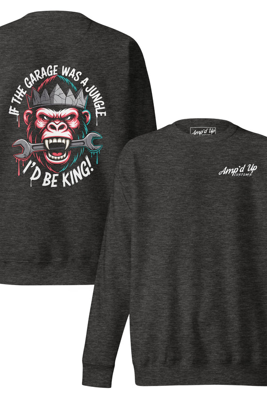 King of the Garage Sweatshirt featuring a vibrant back illustration with a gorilla and tools