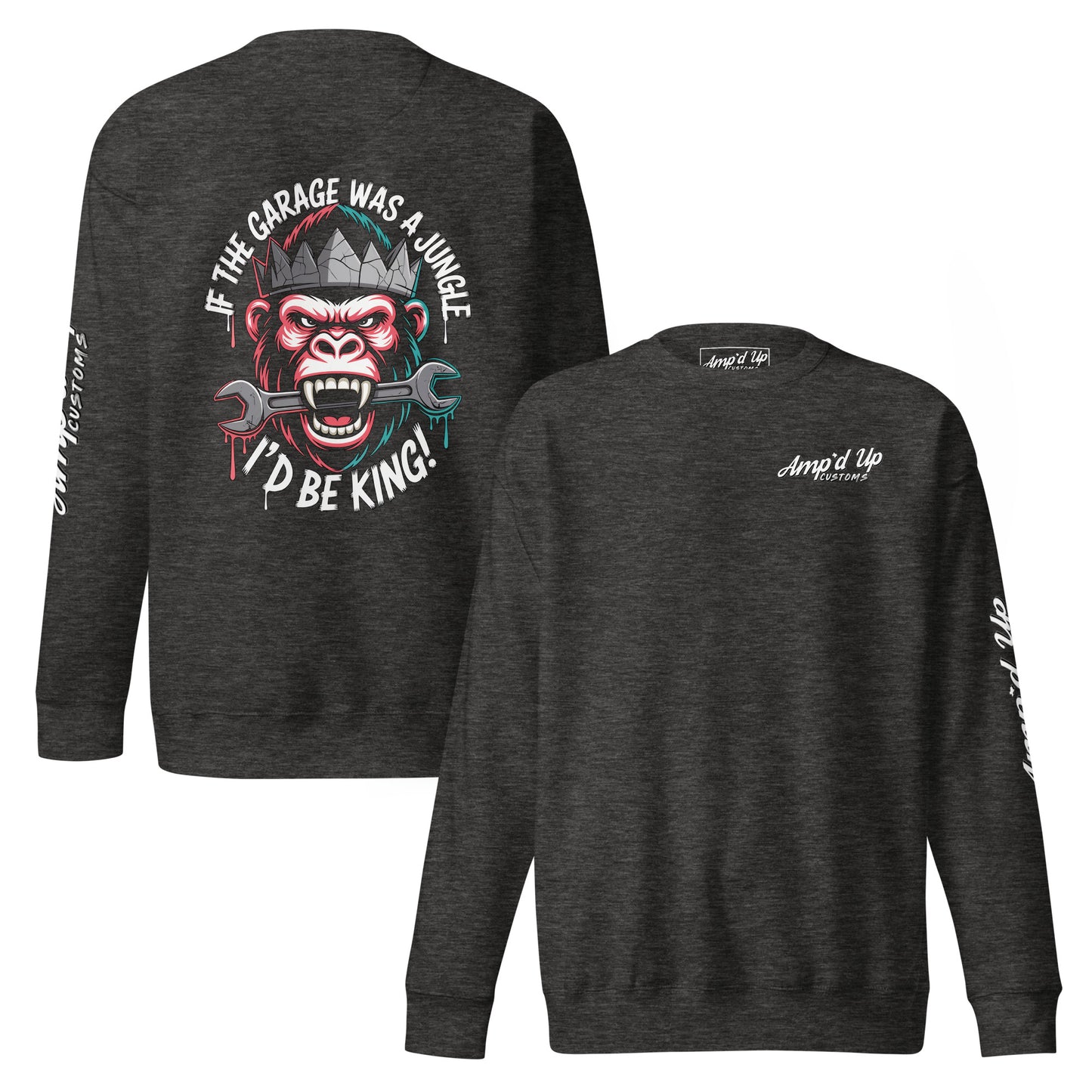 King of the Garage Sweatshirt featuring a vibrant back illustration with a gorilla and tools