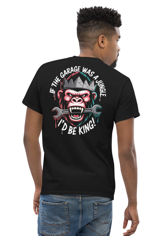 Back view of King of the Garage T-Shirt with a gorilla illustration and text for car enthusiasts