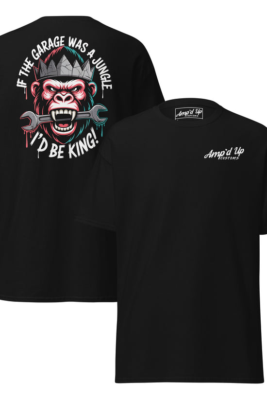 King of the Garage T-Shirt back illustration featuring a monkey and tools with a humorous text design