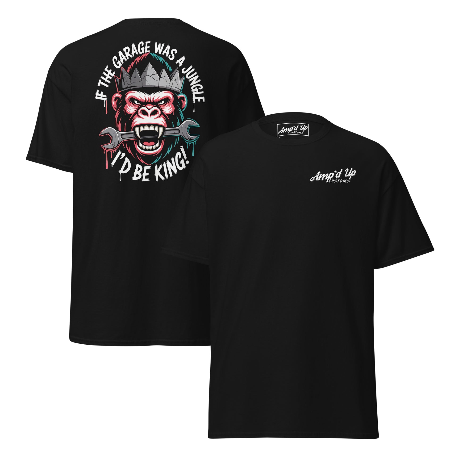 King of the Garage T-Shirt back illustration featuring a monkey and tools with a humorous text design