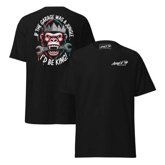 King of the Garage T-Shirt back illustration featuring a monkey and tools with a humorous text design