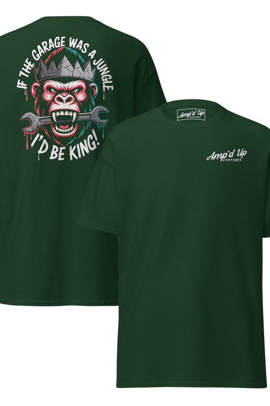 King of the Garage T-Shirt back illustration featuring a monkey with tools and bold text design