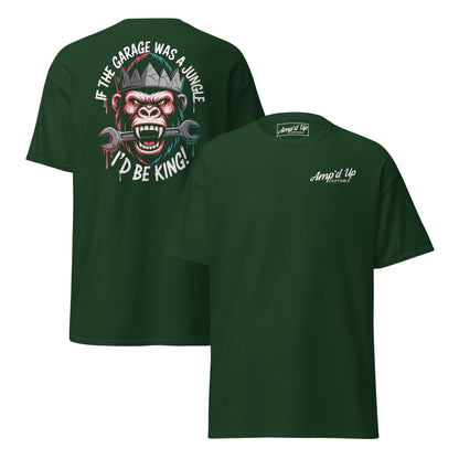 King of the Garage T-Shirt back illustration featuring a monkey with tools and bold text design