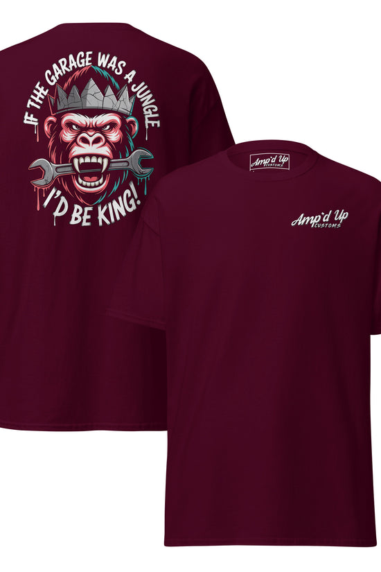 King of the Garage T-Shirt back illustration featuring a monkey with a wrench and a playful slogan