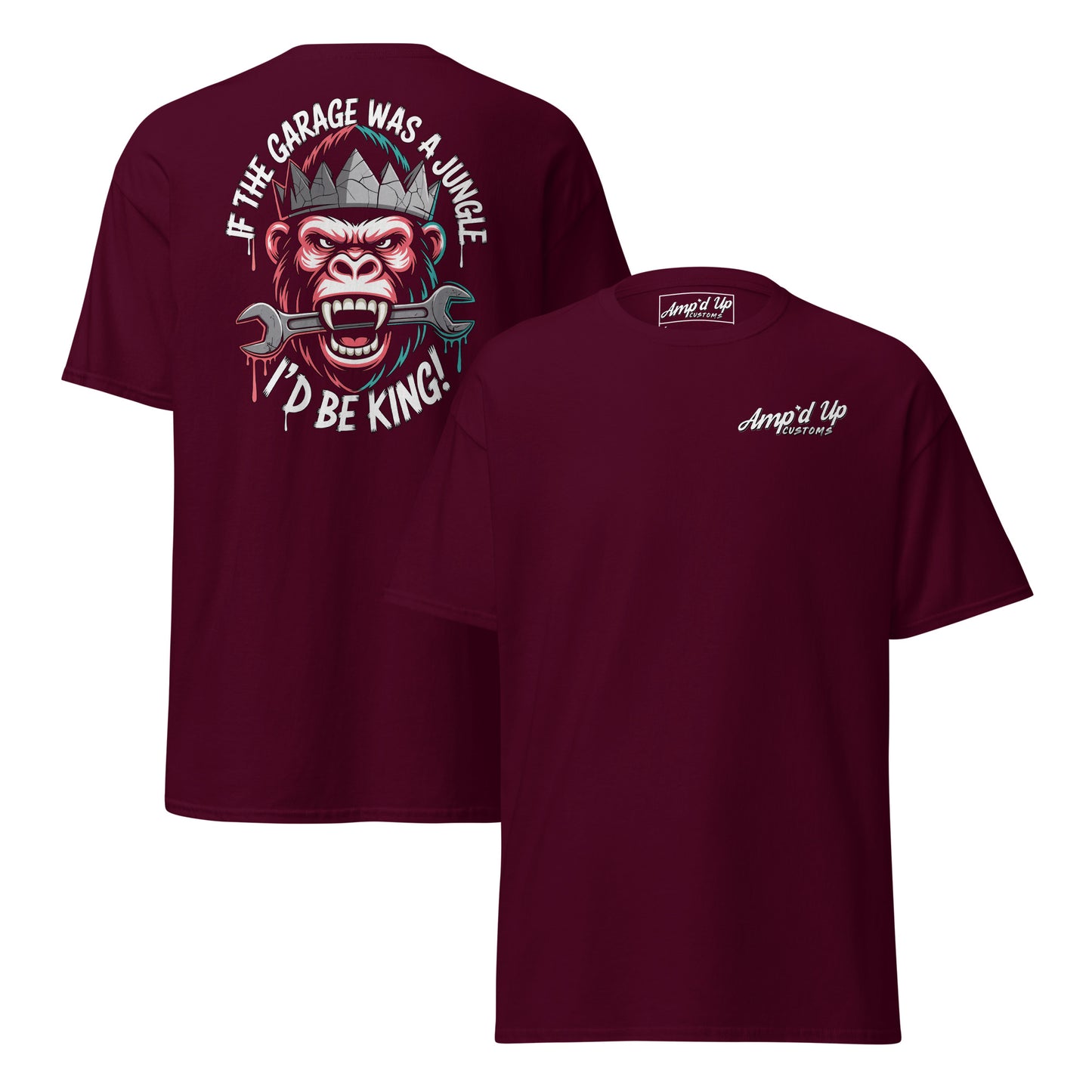 King of the Garage T-Shirt back illustration featuring a monkey with a wrench and a playful slogan