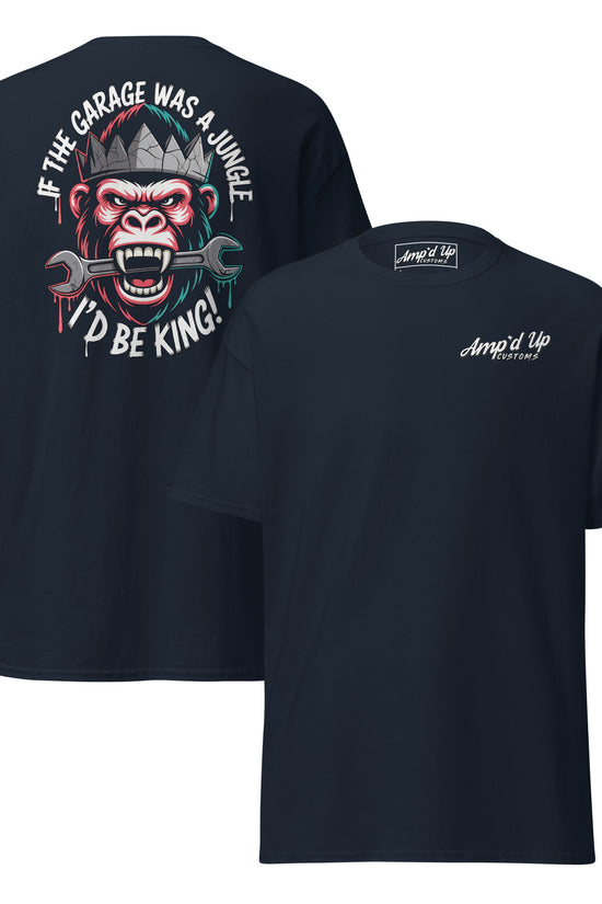 King of the Garage T-Shirt back illustration featuring a playful gorilla design with tools