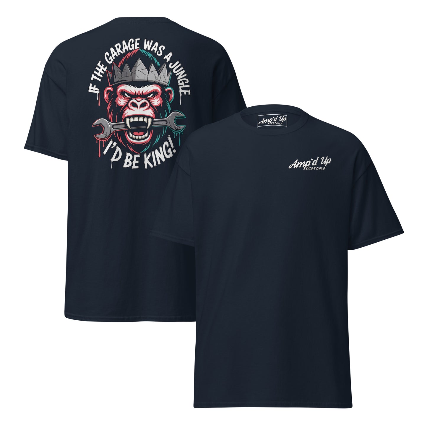 King of the Garage T-Shirt back illustration featuring a playful gorilla design with tools
