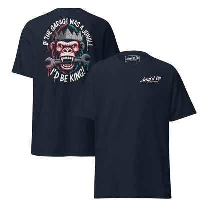 King of the Garage T-Shirt back illustration featuring a playful gorilla design with tools