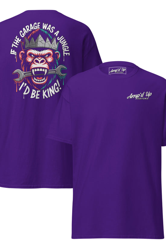 King of the Garage T-Shirt back illustration with a gorilla and the quote If the garage was a jungle I'd be king
