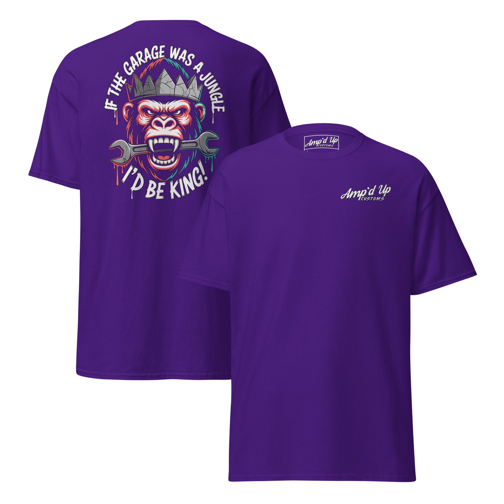 King of the Garage T-Shirt back illustration with a gorilla and the quote If the garage was a jungle I'd be king